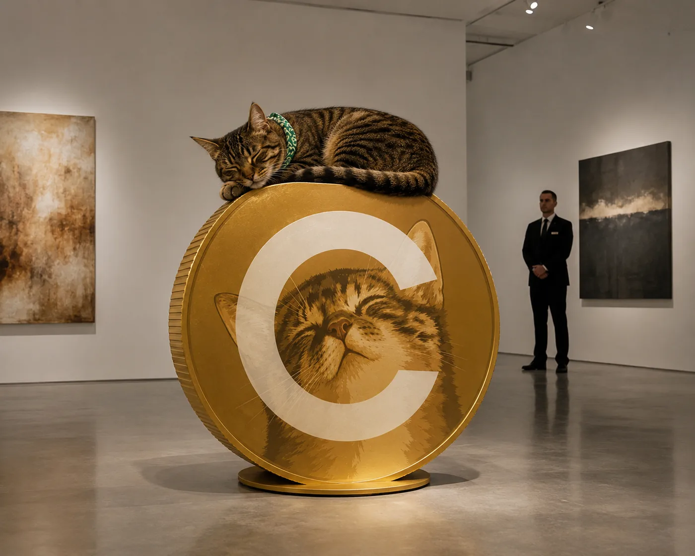 Cate asleep on a giant CateCoin sculpture in a white-walled gallery